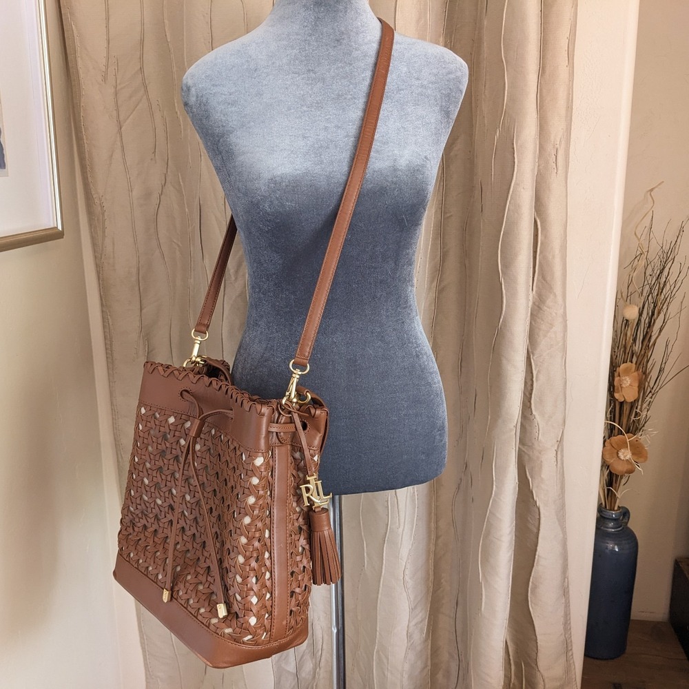 Lauren Ralph Lauren Woven Leather Bucket Bag Field Brown Diana Portwood Tote - Picture 3 of 16